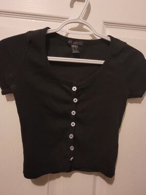 Essentials Black Short-Sleeve Button-Front Crop Top